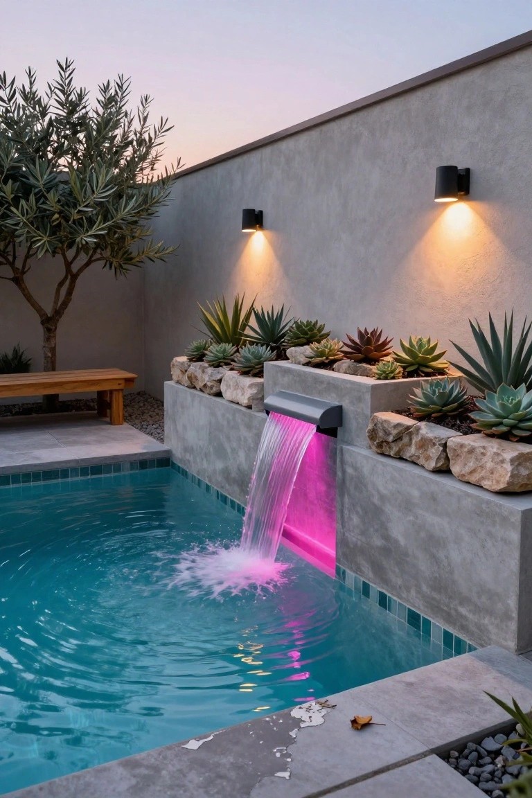19 Modern Pool Lighting Ideas That Bring Sleek Nighttime Style Small turquoise-tiled pool with a concrete waterfall feature lit pink by LEDs, surrounded by raised planters of succulents and agaves, a wooden bench, wall lights, and olive tree against a gray wall at dusk.