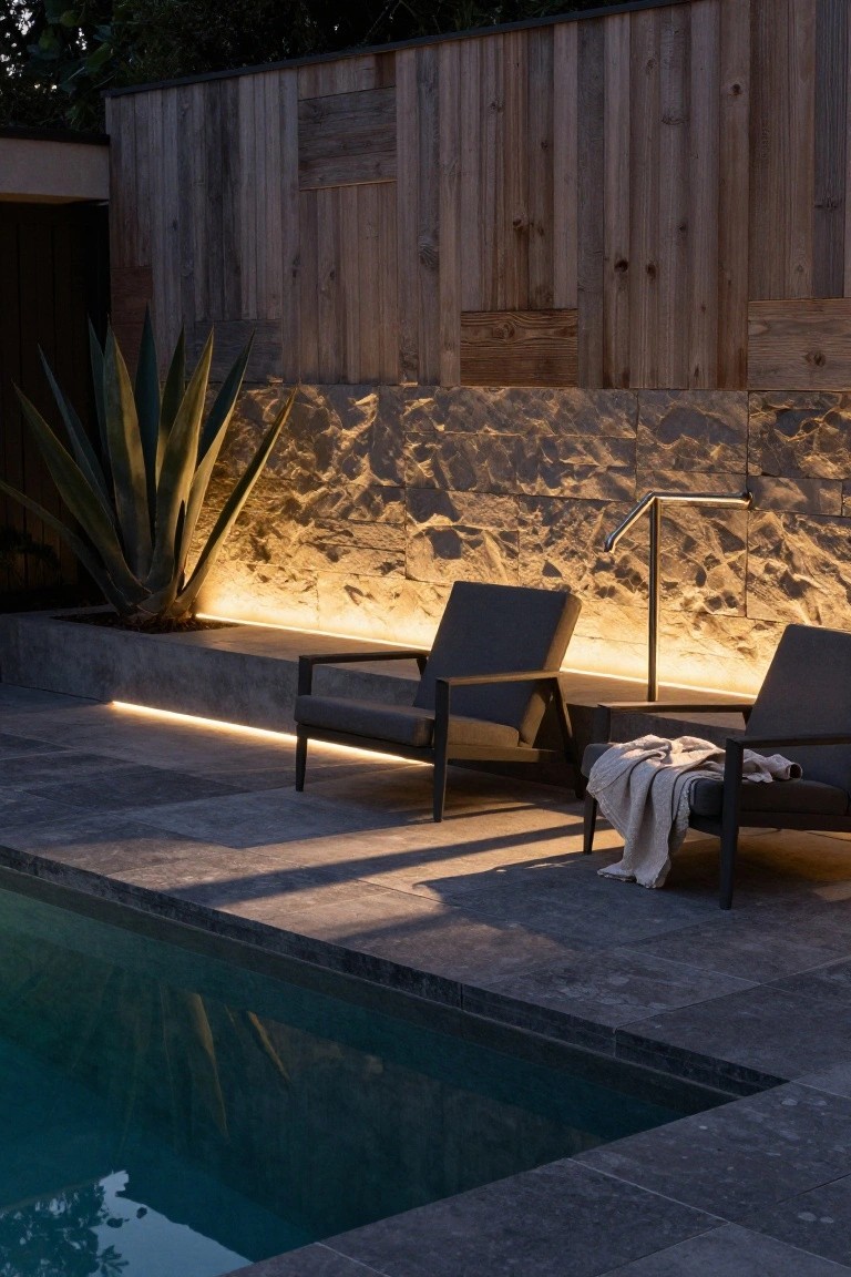 19 Modern Pool Lighting Ideas That Bring Sleek Nighttime Style Outdoor pool area at dusk featuring two black lounge chairs with a throw blanket on tiled patio, agave plant in concrete planter, stone wall and wooden fence with linear LED strip lighting along bases, and pool edge.