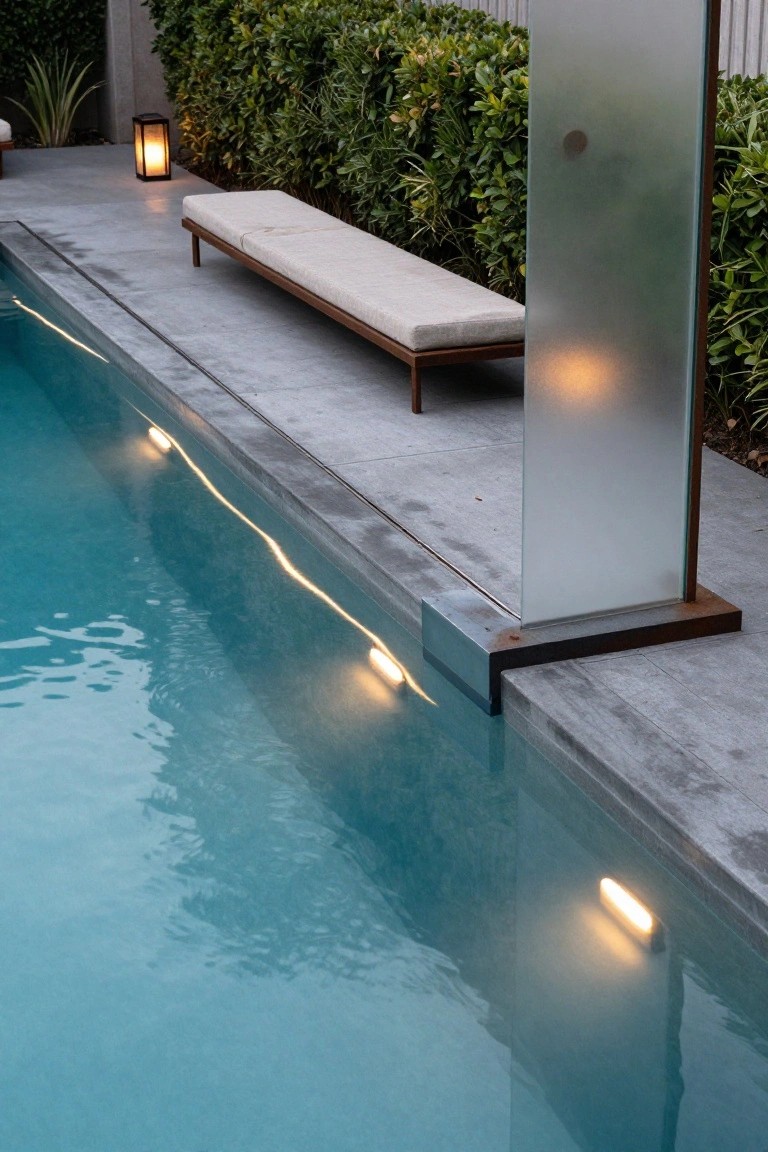 19 Modern Pool Lighting Ideas That Bring Sleek Nighttime Style Nighttime view of a rectangular pool with blue water illuminated by linear LED lights along the edge and underwater, adjacent concrete deck with a wooden daybed, frosted glass panel, lantern, and green hedges.