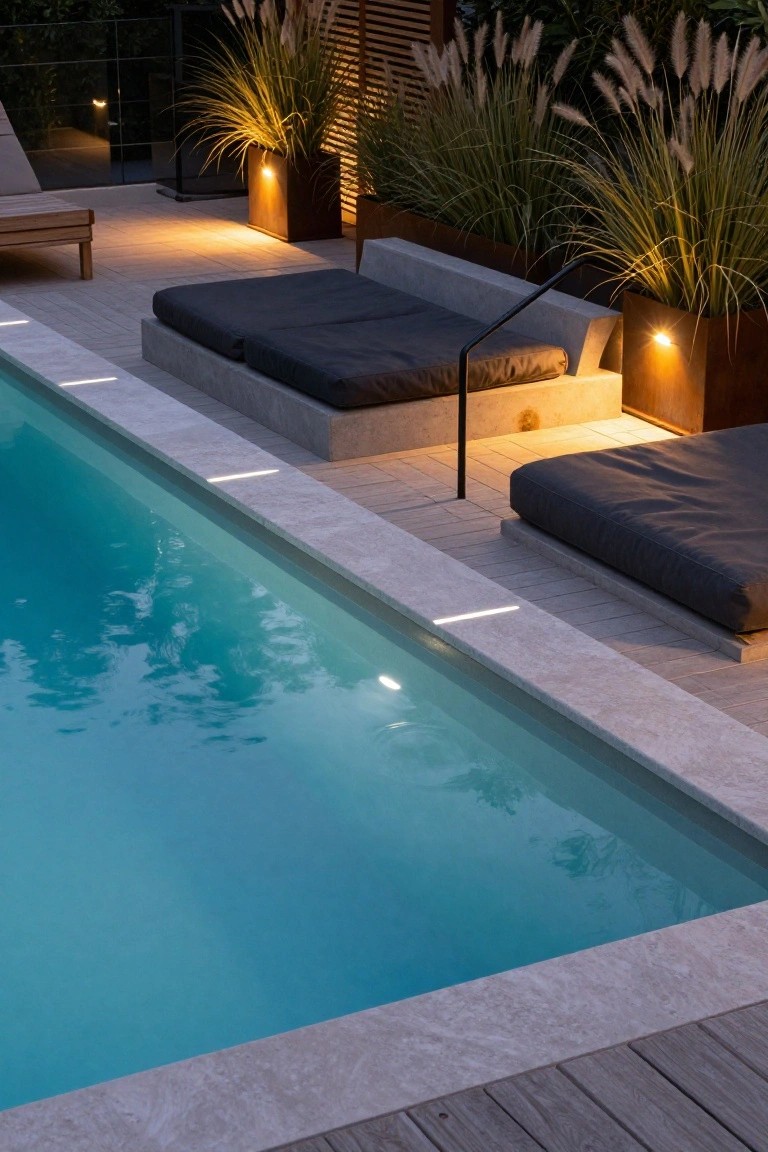 19 Modern Pool Lighting Ideas That Bring Sleek Nighttime Style Nighttime photo of a rectangular pool with thin linear lights embedded along the travertine edge, adjacent concrete daybeds with black cushions, tall pampas grasses in corten steel planters, and warm uplights on a tiled deck.