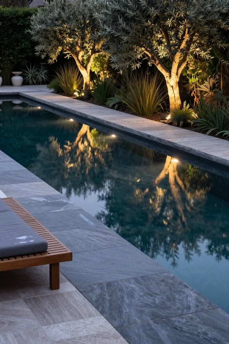 19 Modern Pool Lighting Ideas That Bring Sleek Nighttime Style Nighttime photo of a rectangular pool with linear underwater and edge lights reflecting on the water surface, uplighted olive trees and agave plants along the stone deck, and a wooden lounge chair positioned nearby.