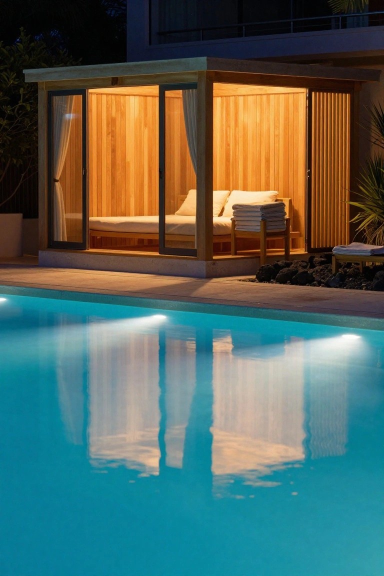 19 Modern Pool Lighting Ideas That Bring Sleek Nighttime Style Wooden cabana pavilion with open glass doors, warm interior lighting, daybed, towels, and stacked rocks next to a glowing blue infinity-edge pool at night.