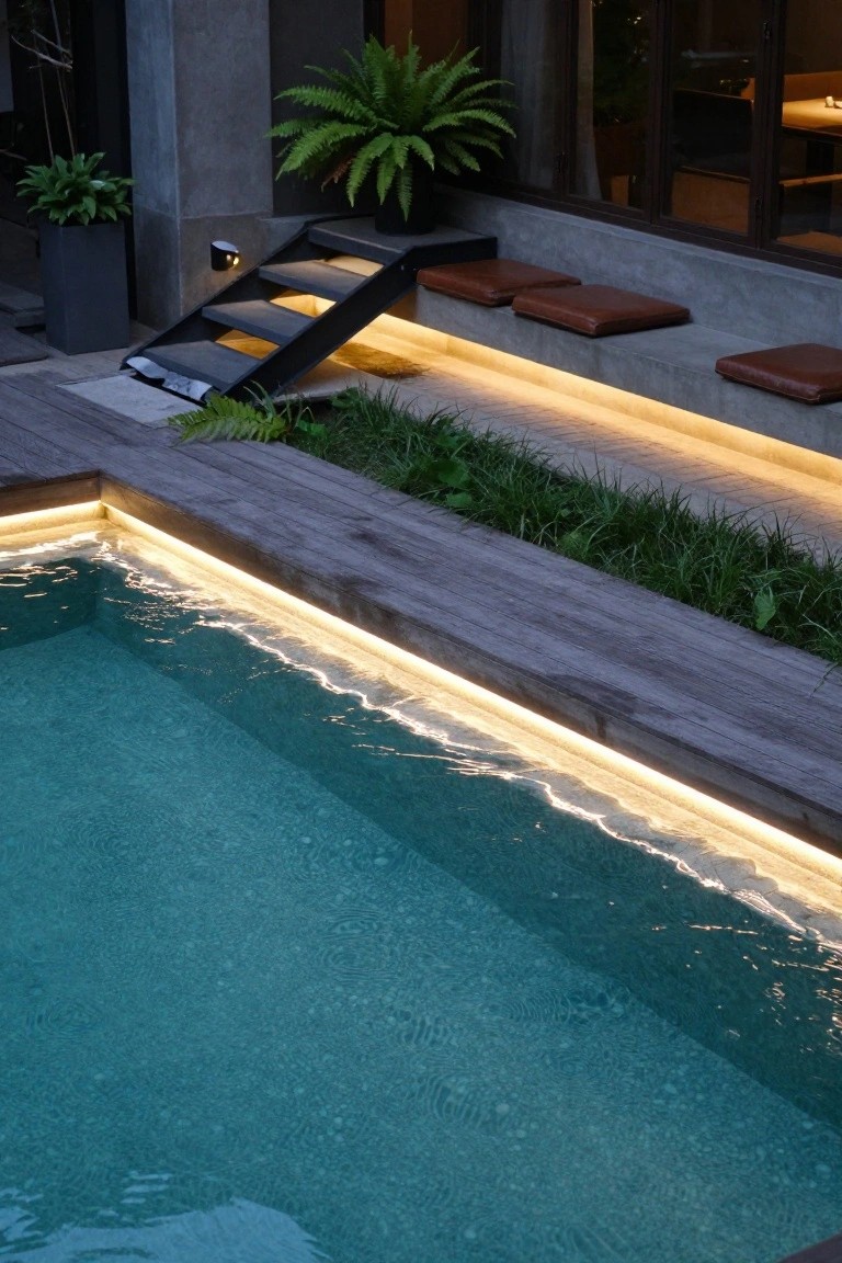 19 Modern Pool Lighting Ideas That Bring Sleek Nighttime Style Nighttime view of an infinity-edge pool with warm LED strip lighting along the dark wood deck edges, surrounded by low plants, concrete steps with leather cushions, and a modern house in the background.