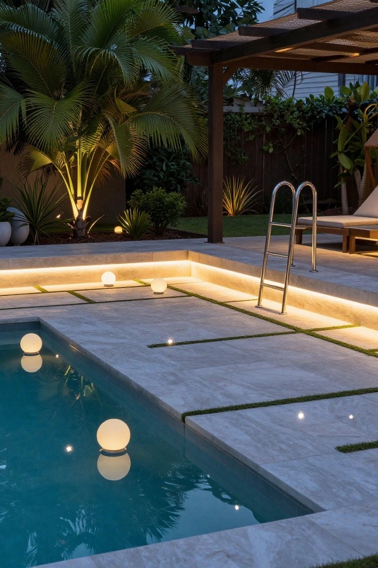 19 Modern Pool Lighting Ideas That Bring Sleek Nighttime Style Nighttime view of a rectangular pool with LED strip lighting along travertine deck edges, floating white globe lights in turquoise water, stainless steel ladder, lounge chair, potted plants, palms, and pergola structure.
