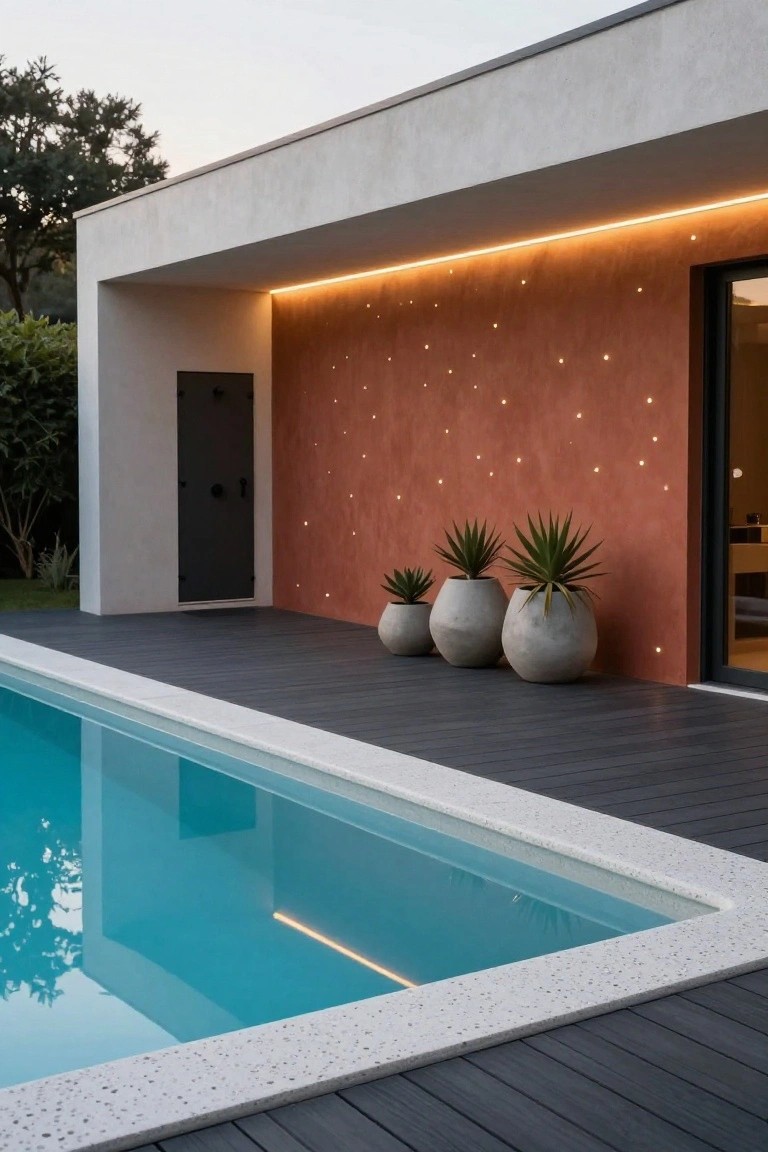 19 Modern Pool Lighting Ideas That Bring Sleek Nighttime Style Modern poolside exterior at dusk with dark decking, white pool coping, three large gray pots with agave plants, terracotta wall embedded with small LED lights creating star effect, linear LED strip under white overhang, black door, and glass entry to house.