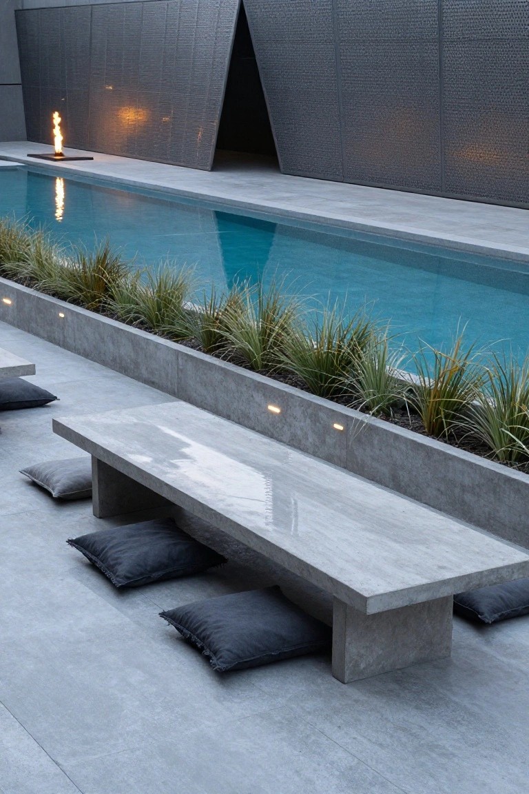 19 Modern Pool Lighting Ideas That Bring Sleek Nighttime Style Nighttime view of a rectangular turquoise pool with adjacent concrete planter box containing grasses, low rectangular concrete table with black cushions on tiled gray floor, linear LED lights along edges, flame torch, and dark textured walls in background.