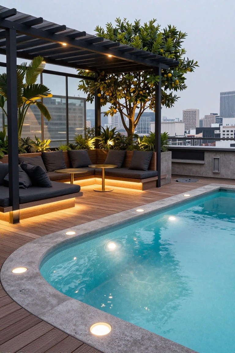 19 Modern Pool Lighting Ideas That Bring Sleek Nighttime Style Rooftop terrace with curved swimming pool edged by wooden deck and stone coping with recessed round lights, low black modular seating on lit platform, black metal pergola with potted plants, and city buildings in background at dusk.