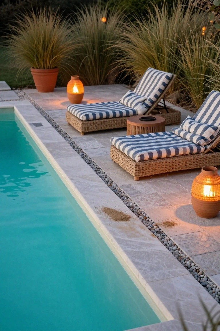 19 Modern Pool Lighting Ideas That Bring Sleek Nighttime Style Turquoise pool beside a stone deck with blue-and-white striped loungers, round woven side table, terracotta lanterns with lit flames, potted grasses, and tall ornamental grasses in the background at dusk.