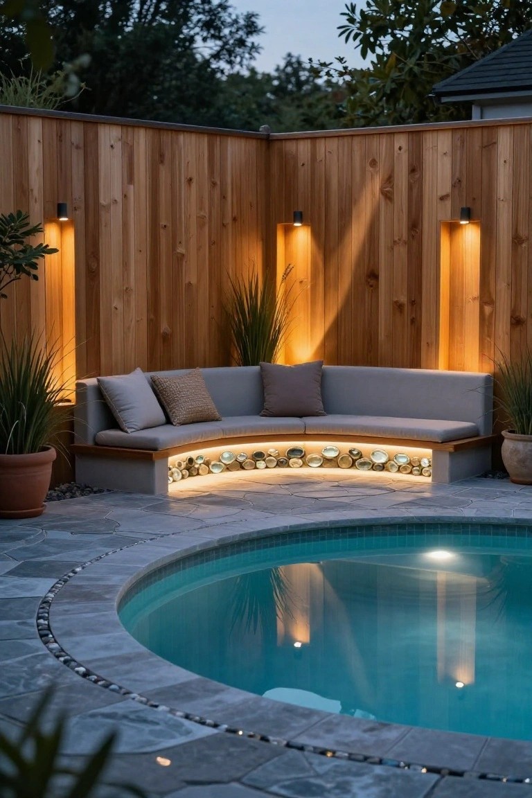 19 Modern Pool Lighting Ideas That Bring Sleek Nighttime Style Curved built-in concrete bench with underlighting illuminating embedded translucent glass shells, positioned beside a small turquoise pool on a stone patio, with tall wooden fence, wall-mounted lights, potted grasses, and pillows on the seat.