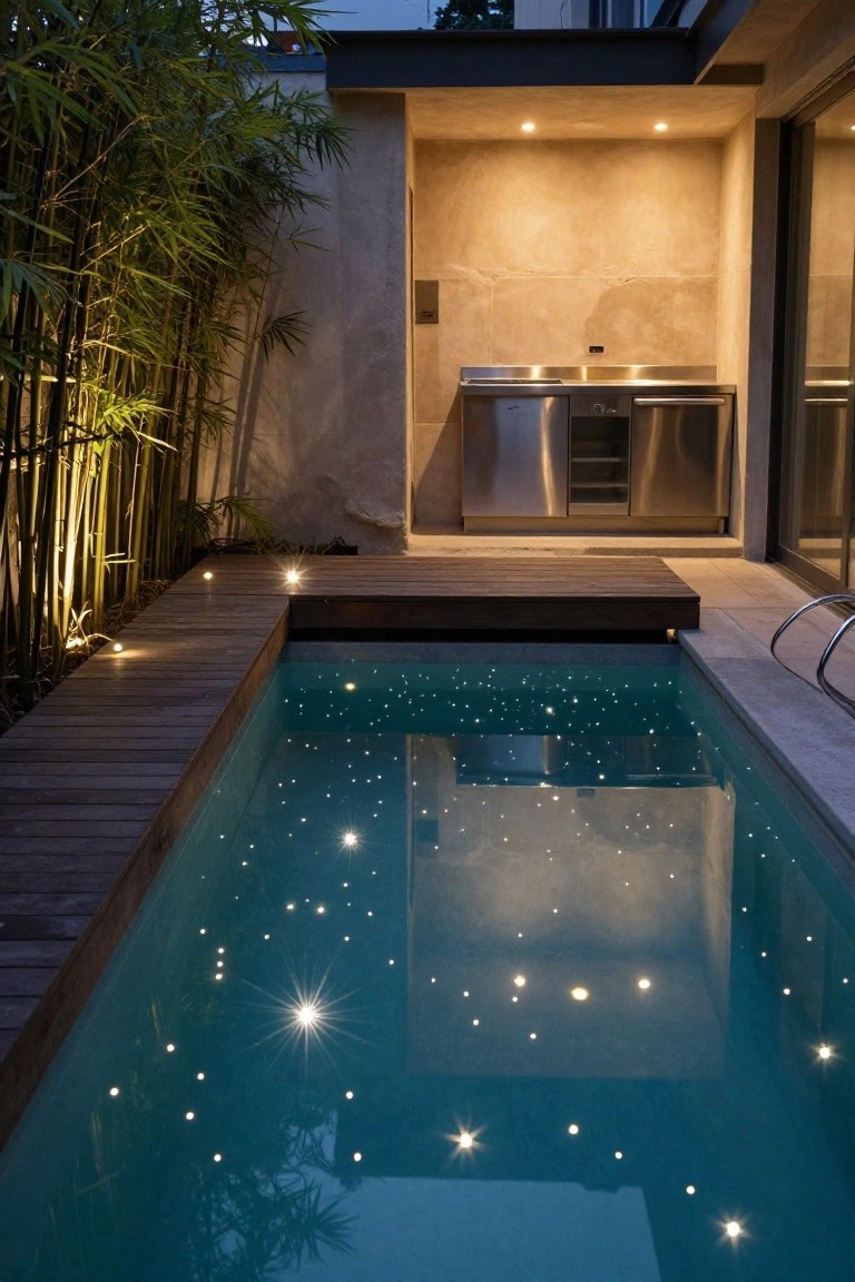 19 Modern Pool Lighting Ideas That Bring Sleek Nighttime Style Nighttime view of a rectangular turquoise pool with numerous small underwater lights creating a starry glow on the water surface, bordered by wooden decking, bamboo plants, and a nearby stainless steel outdoor kitchen.