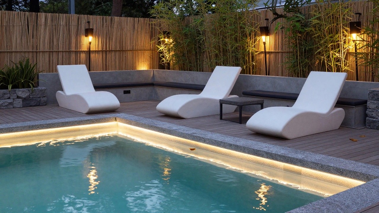 Twilight view of a rectangular pool with turquoise water, wooden deck edged by LED strip lights, white loungers, gray daybed with cushions, lush plants in beds, and bamboo screens backed by black uplights.