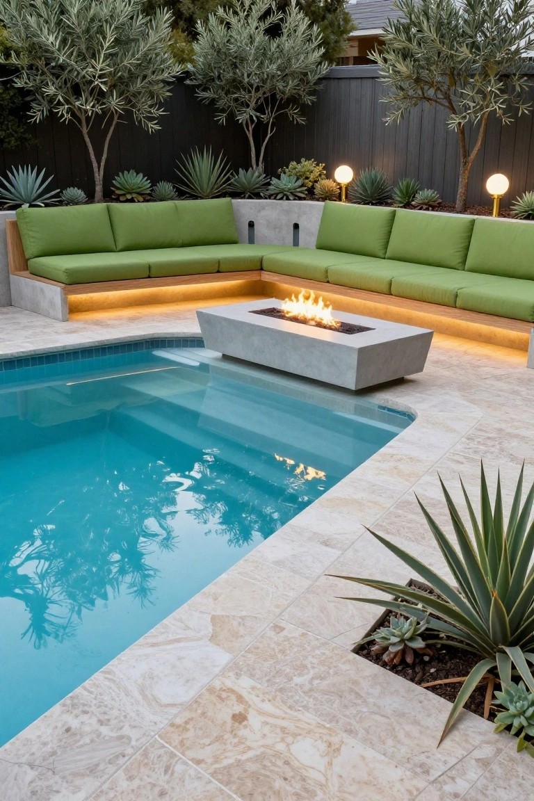 L-shaped green cushioned bench seating with recessed underlighting along a pool edge, concrete fire table with flames, travertine decking, agave plants in beds, olive trees, and globe lights against a dark wood fence at night.