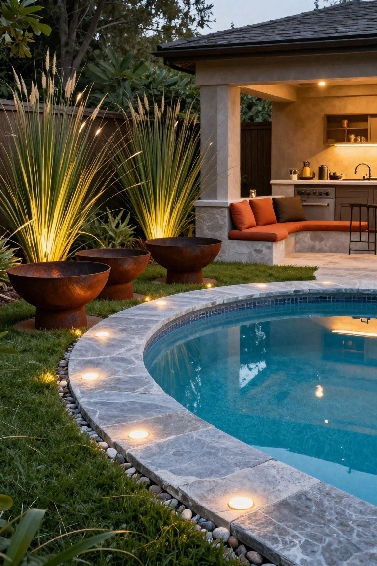 Curved swimming pool edged in gray stone coping with recessed round lights, surrounded by grass, pebbles, large corten steel fire bowls, tall grasses, and a nearby outdoor kitchen with seating under a covered structure.