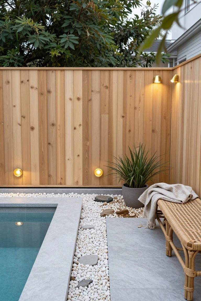Small rectangular pool with gray stone edging surrounded by white pebbles, wooden privacy fence with four brass wall-mounted lights, rattan bench with linen throw, gray pot with green plant, and trees in background.