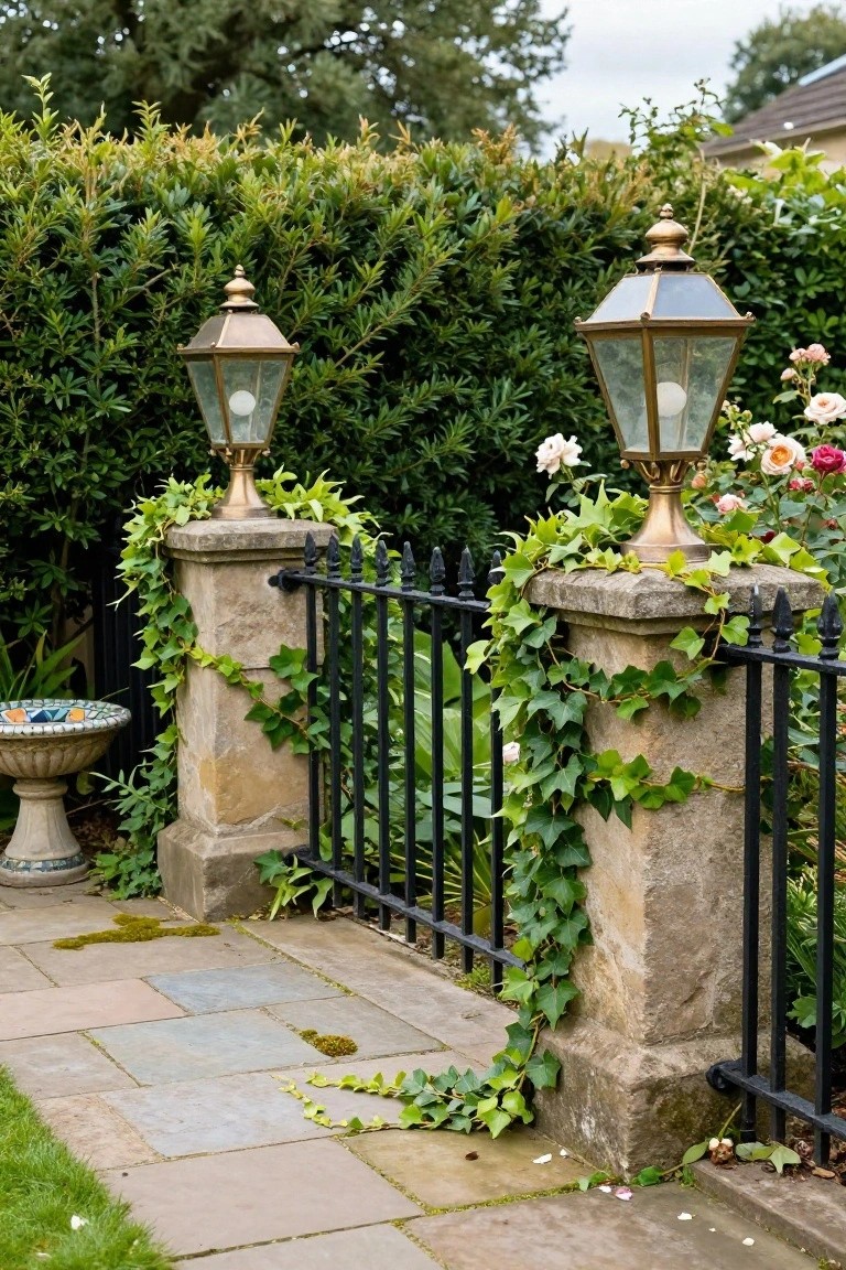 Stone pillars with brass lanterns flank a black wrought iron gate covered in green ivy, beside a tiled birdbath on a paved path with hedges behind.