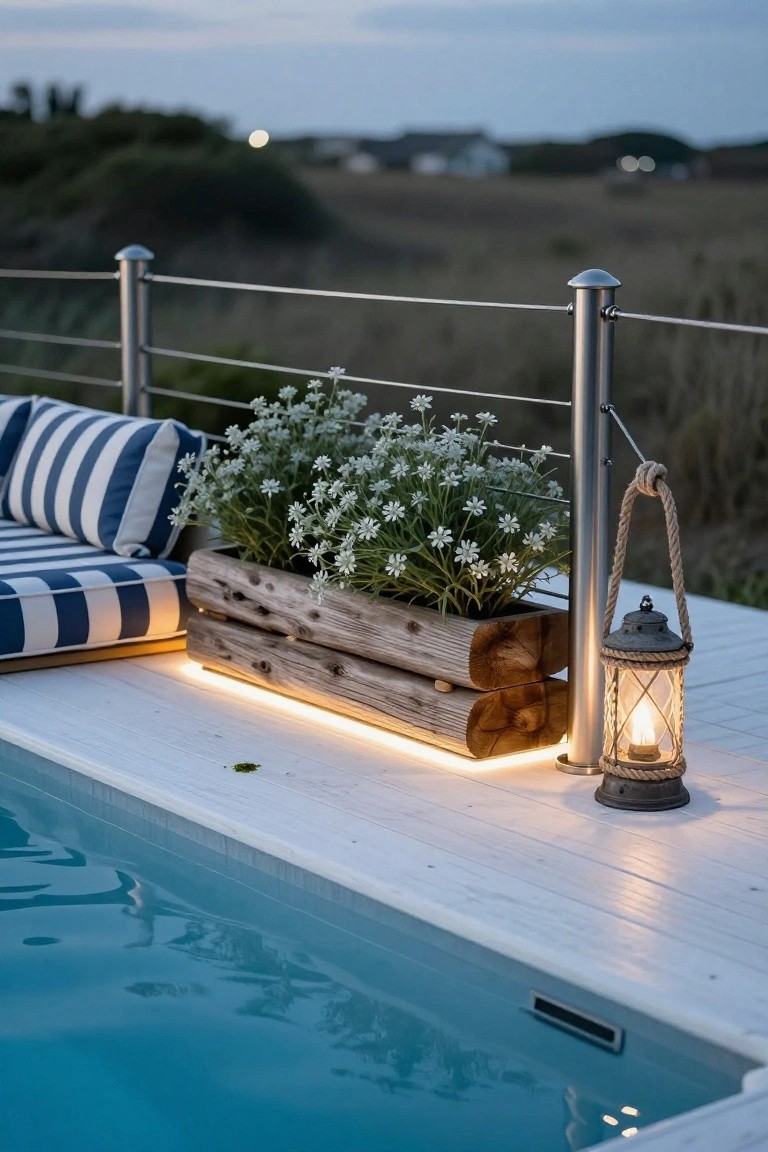 Pool deck with stainless steel cable fence, wooden planter box containing white flowers lit from below with LED strips, hanging rope lantern on fence post, blue cushions on bench, edge of blue pool, and coastal dunes at dusk.