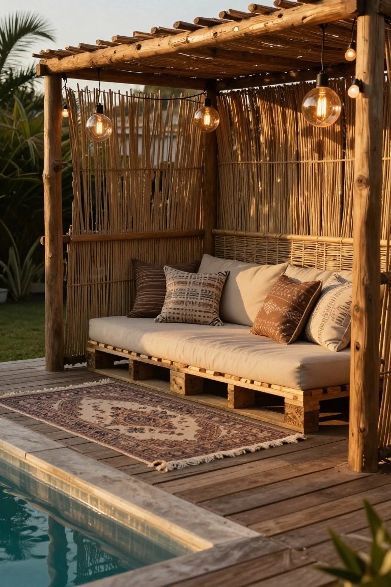 Bamboo-enclosed outdoor daybed on wooden pallets with beige cushions and patterned pillows on a deck beside a pool, lit by hanging string lights and large Edison bulbs at dusk.
