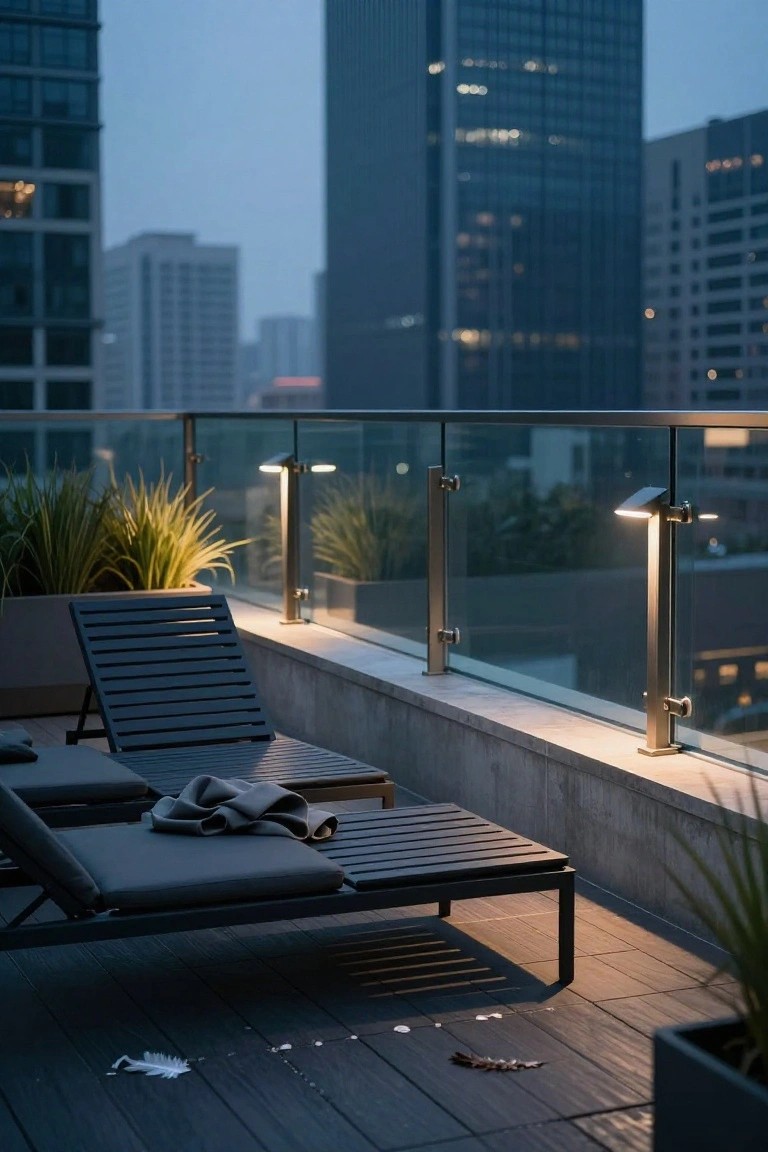A rooftop balcony at dusk with glass railings featuring integrated post-mounted lights, gray lounge chairs, potted plants, and tall buildings in the background.