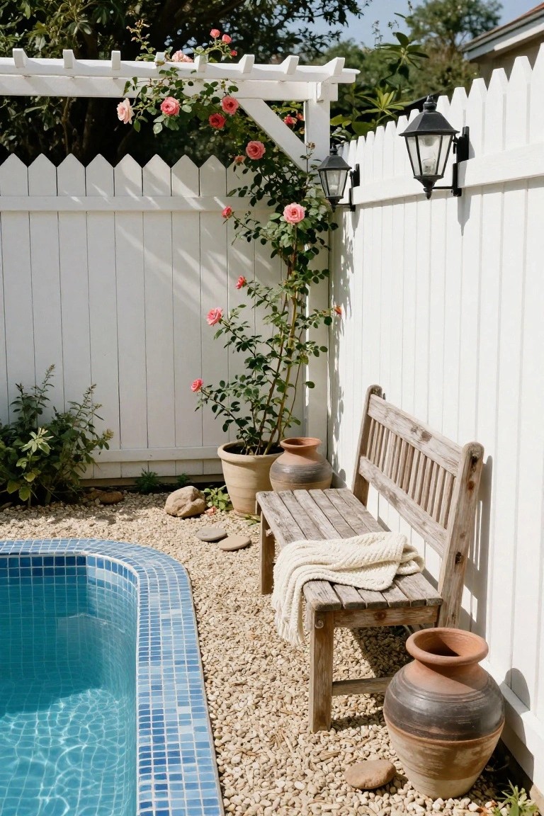 White picket fence with two black lanterns mounted on posts beside a curved blue mosaic pool edge, wooden bench with white blanket, terracotta pots, climbing pink roses on pergola, and gravel ground cover.
