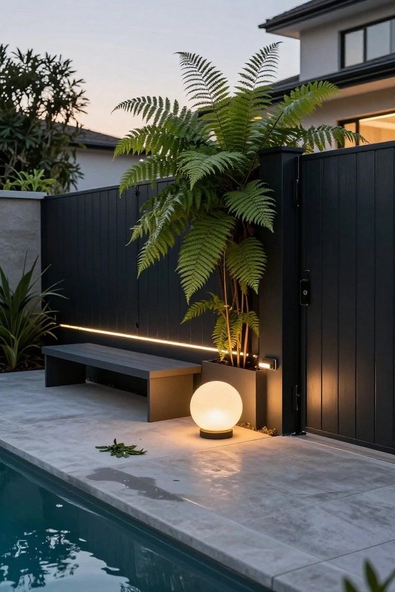 Dusk view of poolside concrete pavers with black slatted fence featuring thin LED strip lighting along the top edge, potted ferns climbing the fence, concrete bench, white globe lamp, and turquoise pool water.