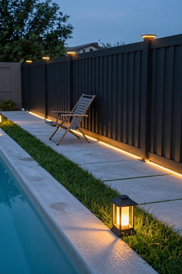 Black wooden privacy fence along a pool edge with yellow LED strip lights glowing at the base, post cap lights on top, a strip of grass between path and pool, folding lounge chair on concrete path, and solar lantern in grass at dusk.