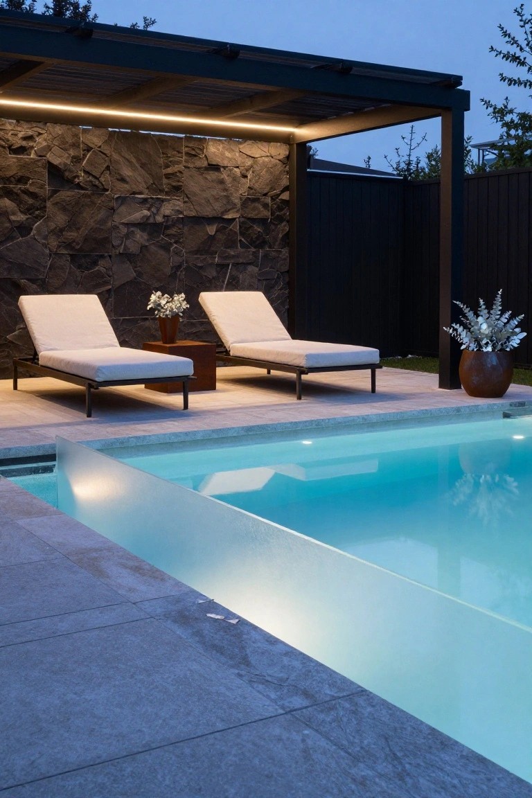 Dusk view of a poolside pergola with linear LED strip lighting underneath, two beige loungers on tiled decking, dark stone wall and black fence backdrop, large potted plants, and glowing turquoise pool water.