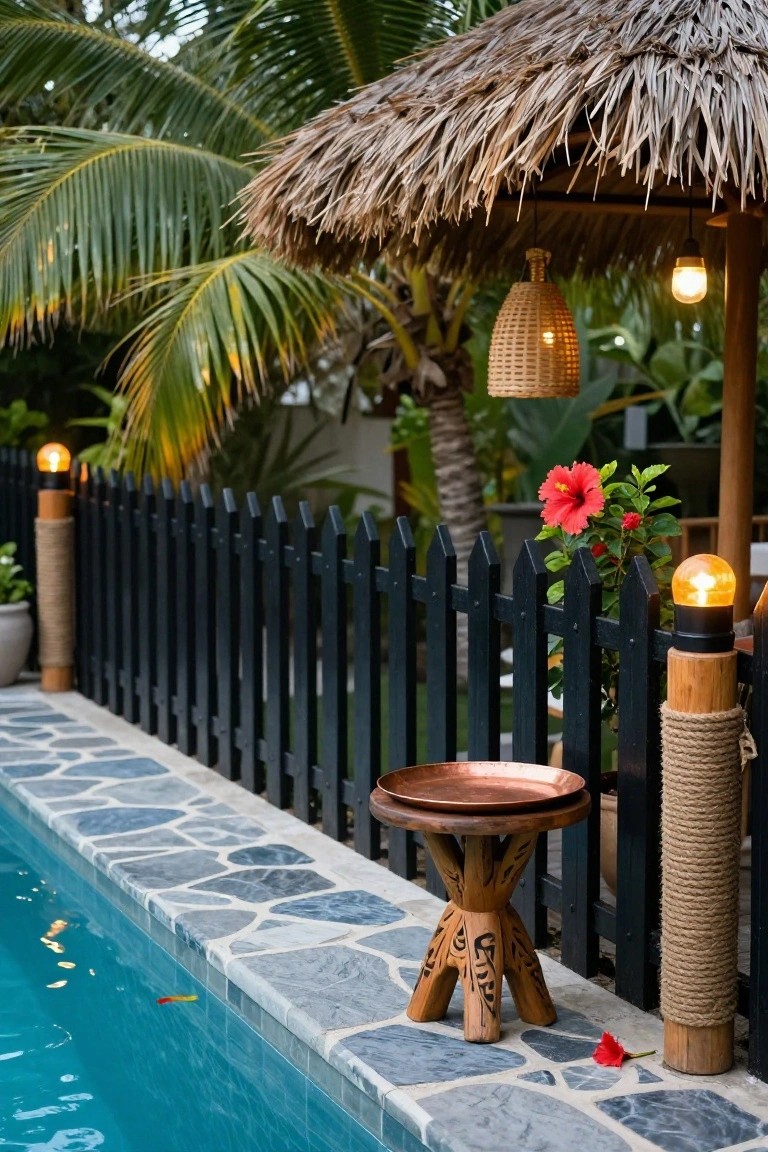 Black picket fence along a turquoise pool edge with blue stone tiles, featuring lighted rope-wrapped posts with orange globe lanterns, a carved wooden stool with copper tray, and tropical plants nearby.