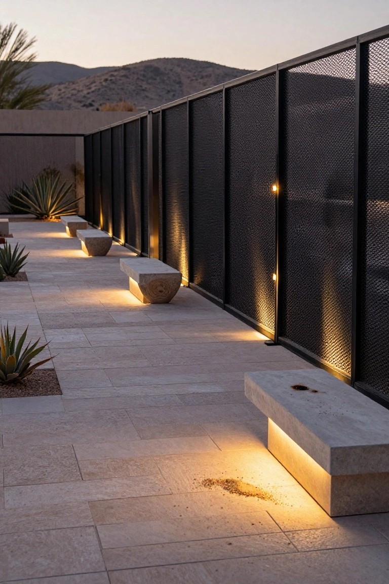 Stone pathway beside a tall black mesh pool fence with uplights at post bases and integrated lighting under carved stone benches, flanked by agave plants, in a desert landscape at dusk.