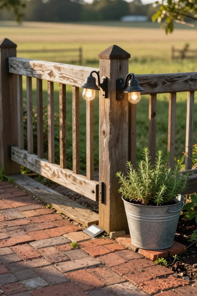 Rustic wooden gate with black lantern lights mounted on posts, glowing warmly, next to a metal bucket planter of rosemary on a brick path.