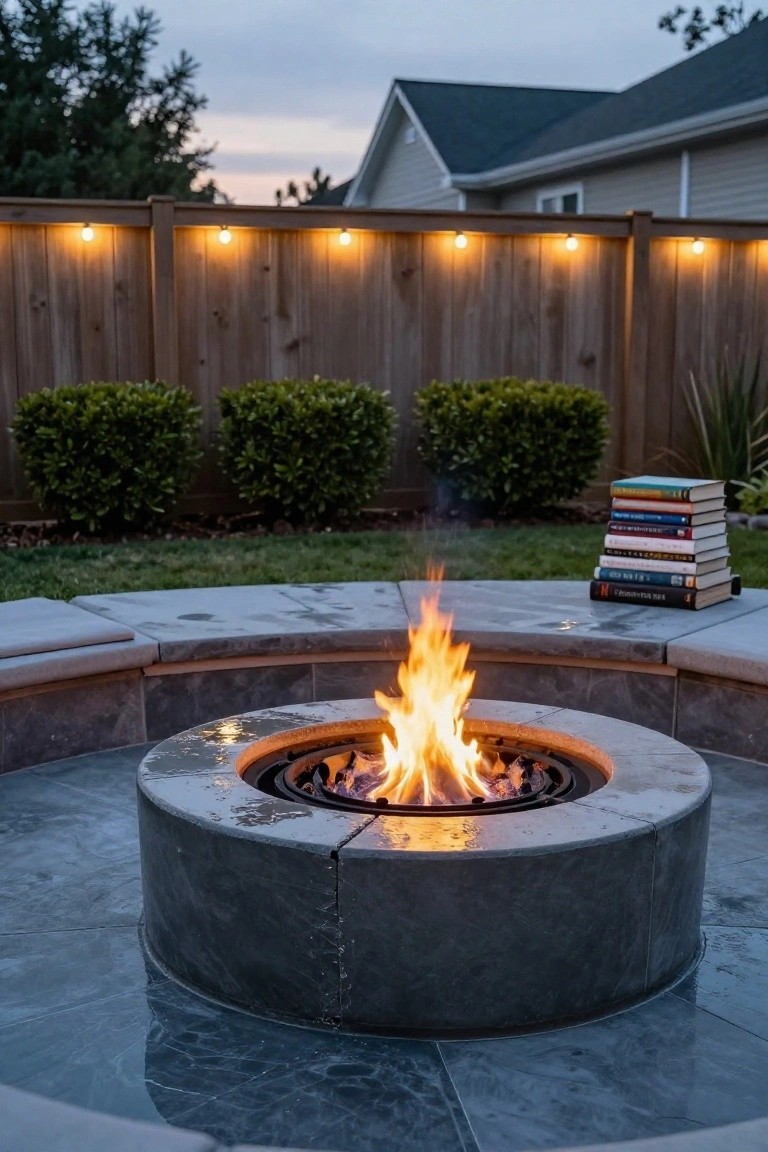 Wooden privacy fence strung with round bulb string lights above a circular stone fire pit with built-in seating, flanked by low shrubs and stacks of books on a stone surface in a backyard at dusk.