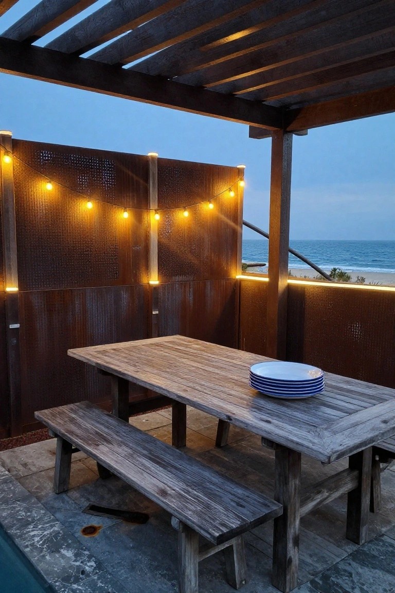 Corrugated metal pool fence with draped string lights and edge LED strips, wooden dining table and benches on tiled terrace next to pool, ocean view at dusk.