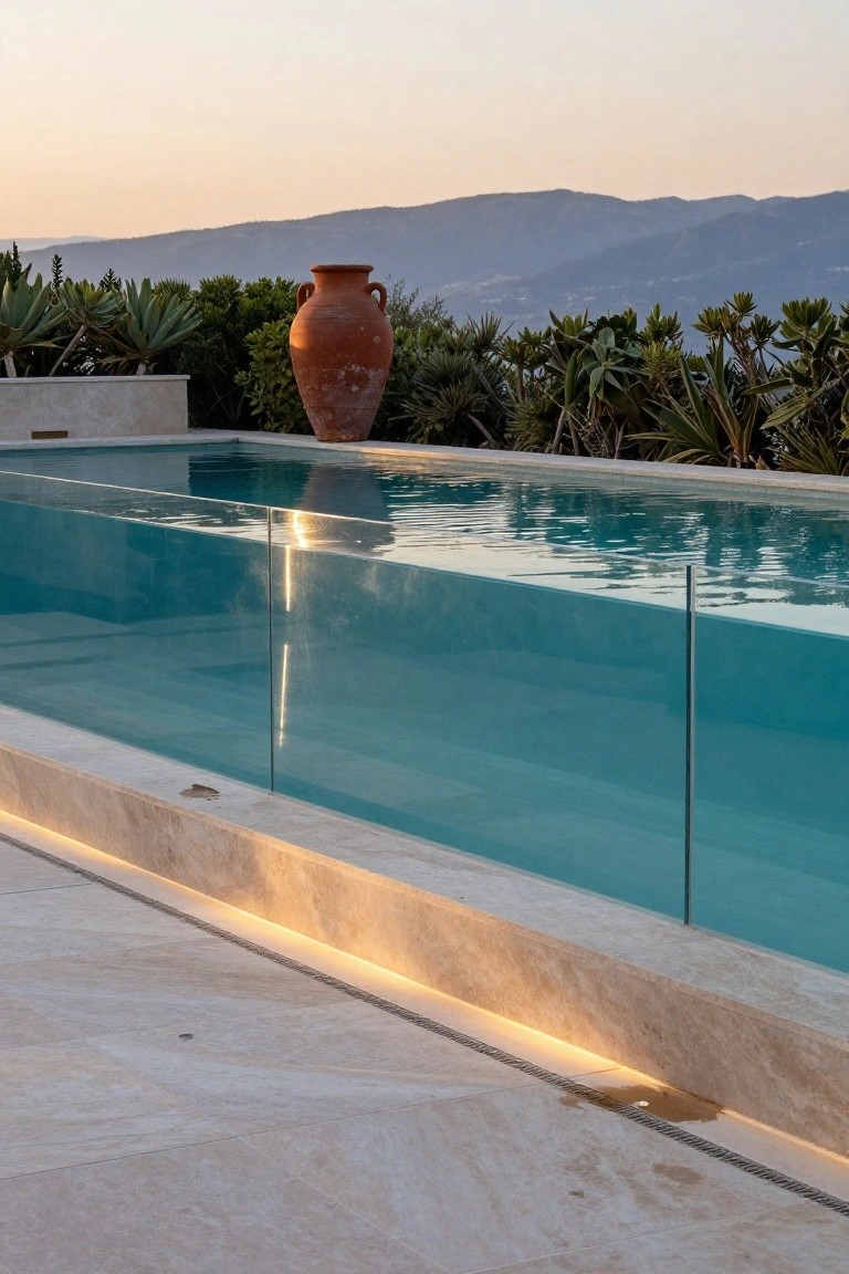 Infinity-edge swimming pool with clear glass fence and subtle under-deck lighting, large terracotta pot and agave plants nearby, mountain backdrop at sunset, travertine decking.