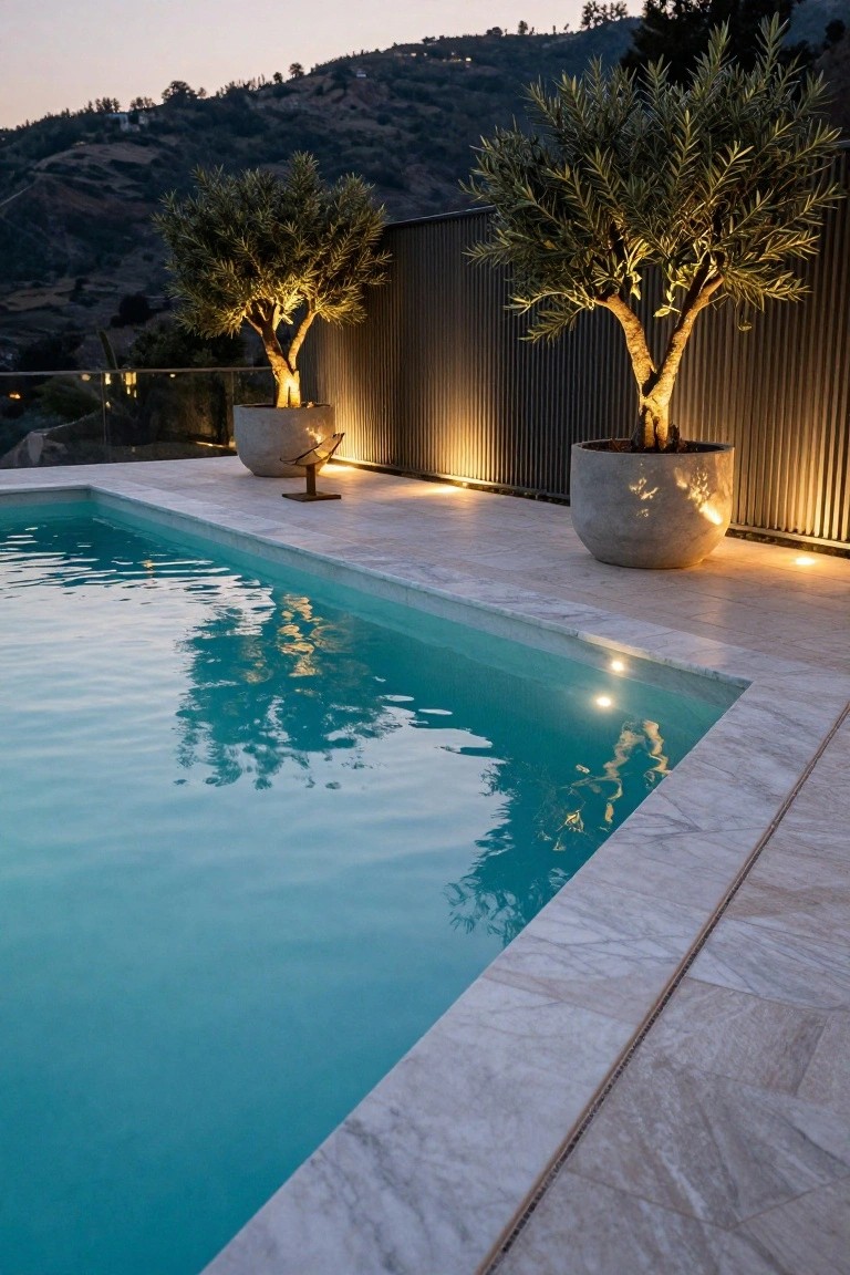 A turquoise pool at dusk beside a dark corrugated metal fence with two large potted olive trees uplighted from below and LED lights along the white stone deck edge.