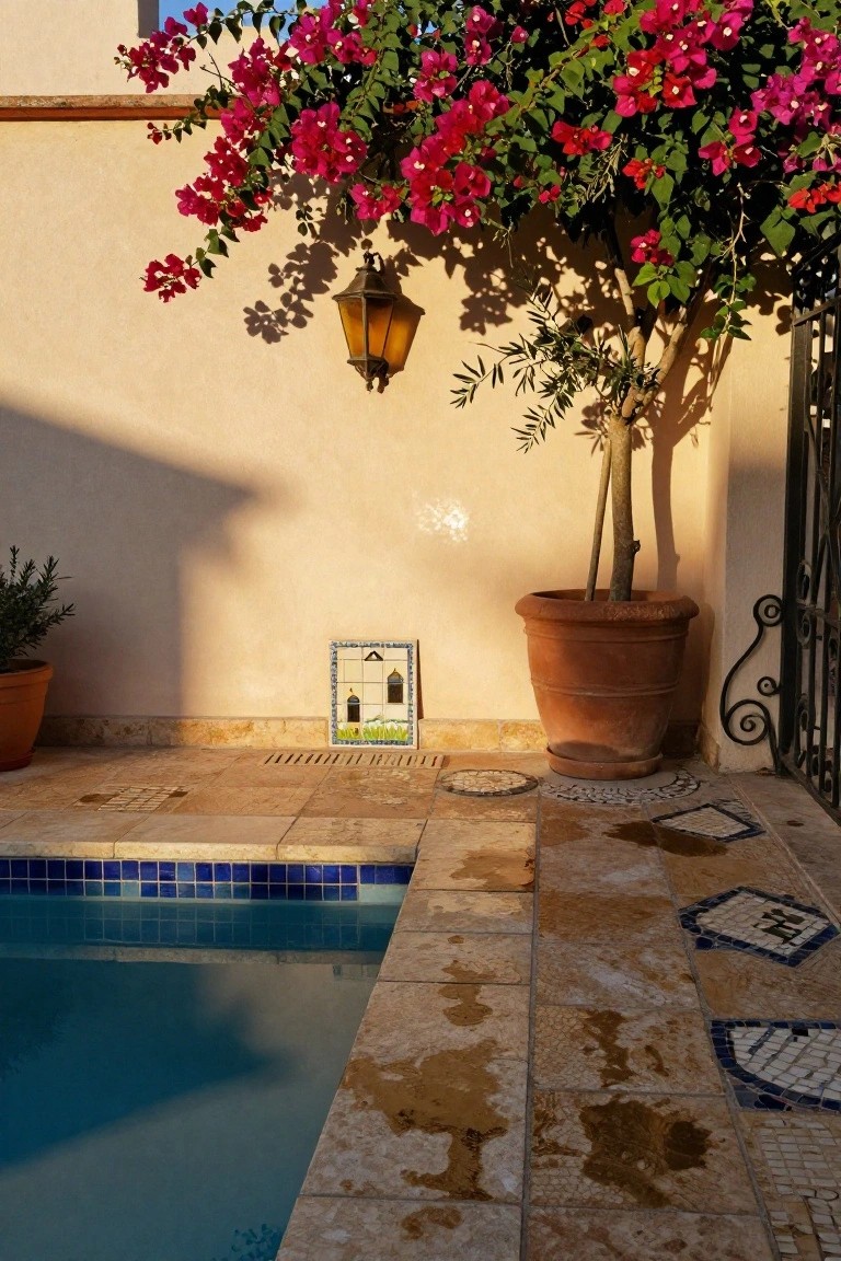 Close-up view of a pool edge with beige terracotta tiles, a blue-tiled pool, a large terracotta pot holding an olive tree, pink bougainvillea vines on a beige stucco wall, a hanging bronze lantern, a small tiled artwork plaque, potted rosemary plants, and a black wrought-iron gate.