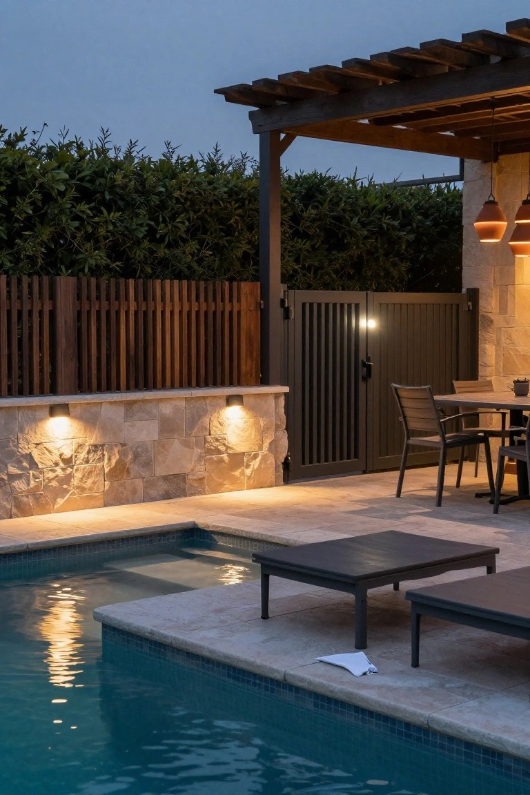 Backyard pool at dusk with a dark slatted gate on stone walls lit by low wall-mounted sconces, wooden pergola with hanging lanterns, hedges, outdoor dining table and chairs, and low coffee tables on tiled patio beside the water.