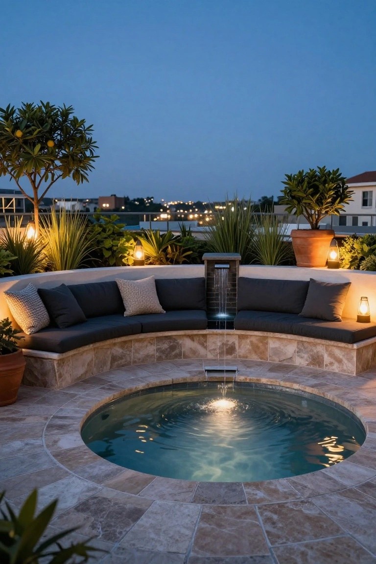 19 Relaxing Pool Deck With Hot Tub Ideas for the Ultimate Spa Vibe Rooftop deck at dusk with a circular turquoise hot tub featuring a central waterfall, surrounded by curved built-in black bench seating with pillows, potted plants, agave, lanterns, and city lights in the background.
