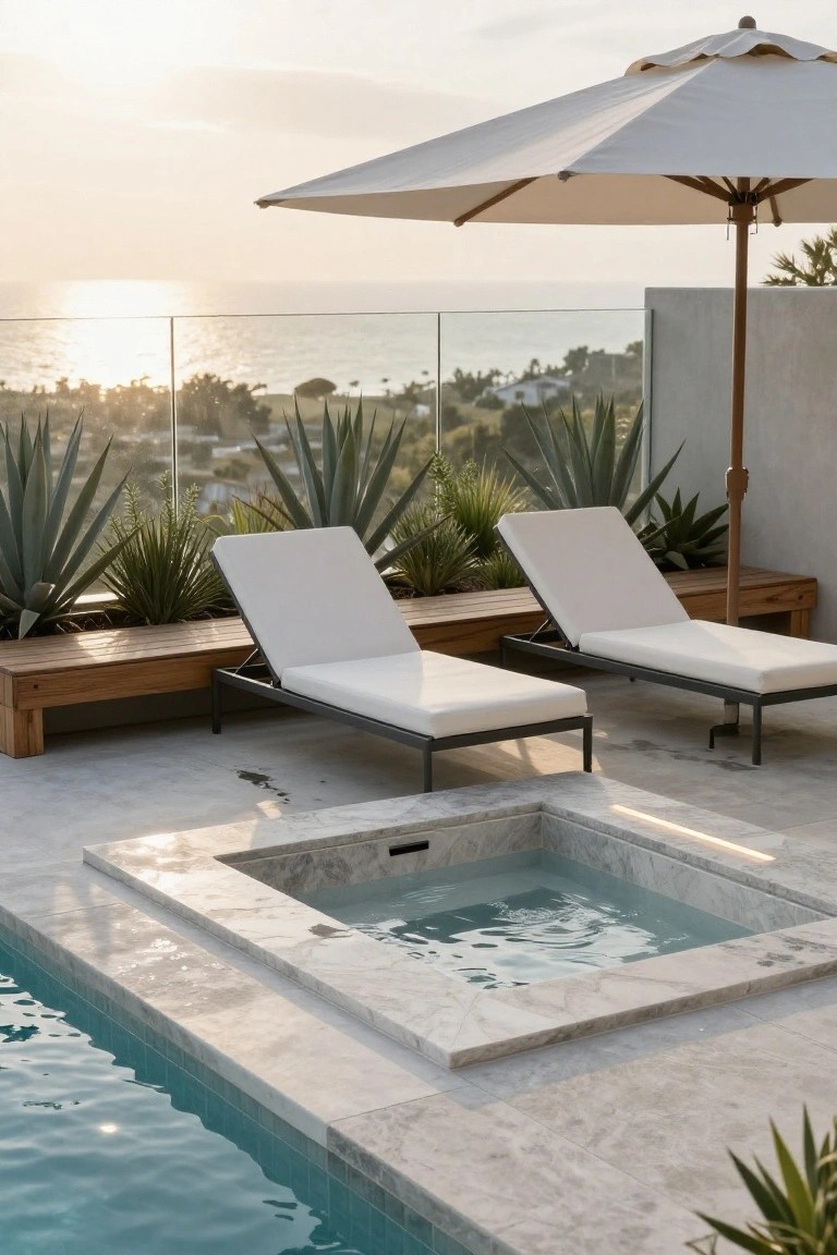 19 Relaxing Pool Deck With Hot Tub Ideas for the Ultimate Spa Vibe Rooftop deck with turquoise infinity-edge pool, adjacent square hot tub in light stone surround, two white adjustable lounge chairs on wooden bench under beige umbrella, agave plants, glass railing, and ocean view at sunset.