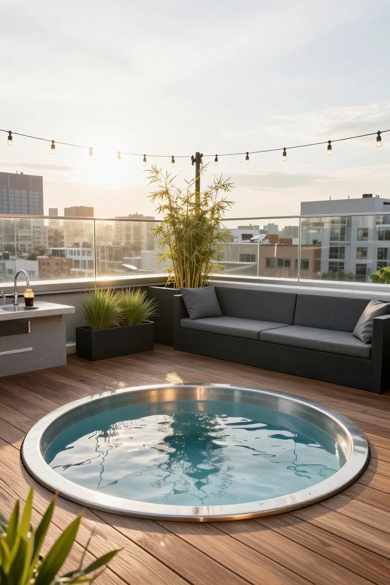 19 Relaxing Pool Deck With Hot Tub Ideas for the Ultimate Spa Vibe Rooftop wooden deck with circular stainless steel hot tub embedded in the floor, gray L-shaped outdoor sofa, bar counter with orange drink and plants, bamboo and grass planters, string lights overhead, and city buildings in background at sunset.