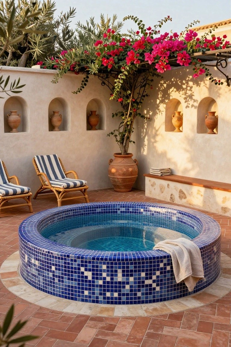 19 Relaxing Pool Deck With Hot Tub Ideas for the Ultimate Spa Vibe Round blue mosaic-tiled hot tub in an outdoor patio against a beige stucco wall with arched niches holding terracotta pots, two striped rattan lounge chairs nearby, a folded towel on the edge, large potted plant, bougainvillea vines on an overhead trellis, and terracotta brick paving.