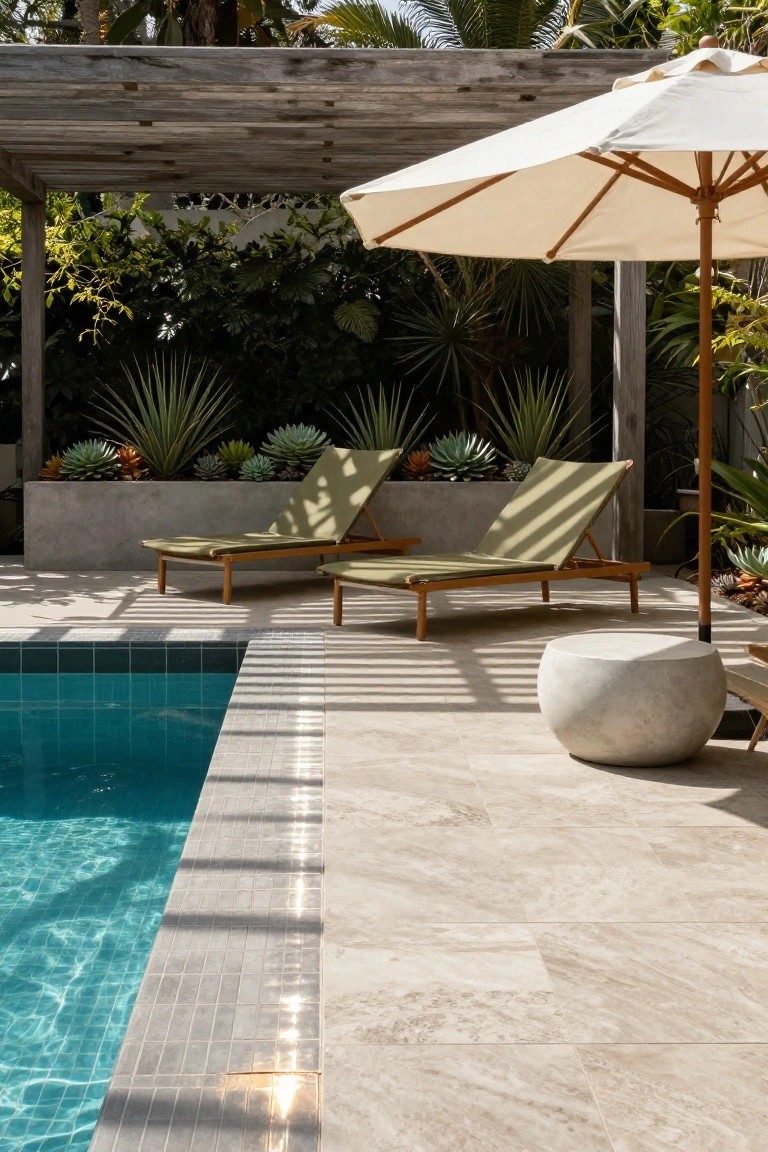 19 Relaxing Pool Deck With Hot Tub Ideas for the Ultimate Spa Vibe Pool deck featuring two green fabric loungers on light stone tiles next to a blue mosaic-tiled pool, shaded by a wooden pergola overhead and a white umbrella, with tropical plants and agaves in concrete planters nearby.