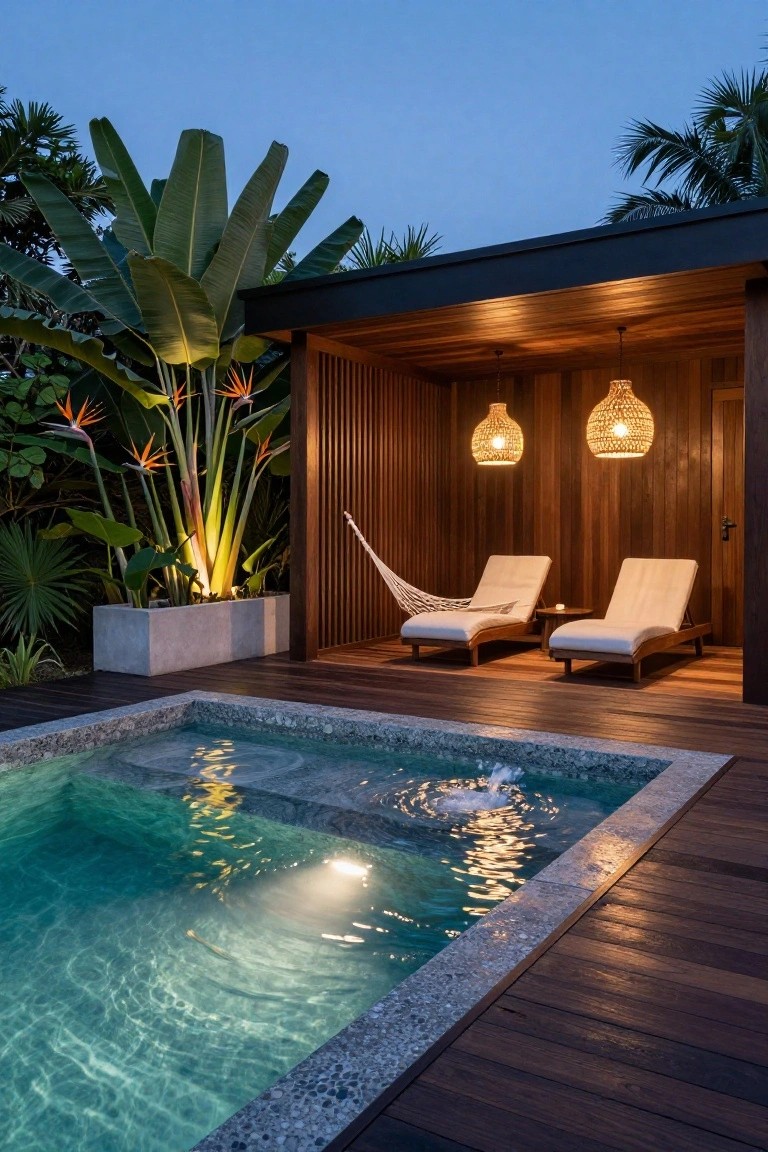 19 Relaxing Pool Deck With Hot Tub Ideas for the Ultimate Spa Vibe Wooden pavilion with slatted walls and ceiling, white loungers, hammock, small turquoise pool with pebble edge, rattan hanging lanterns, and surrounding tropical plants like bird of paradise at dusk