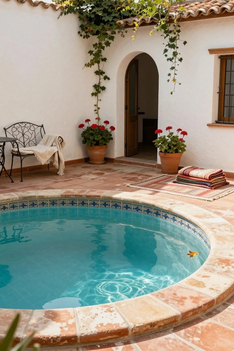19 Relaxing Pool Deck With Hot Tub Ideas for the Ultimate Spa Vibe Small round turquoise-tiled hot tub in terracotta-paved courtyard with white stucco walls, climbing ivy overhead, potted red geraniums, wrought-iron chair with draped towel, and stacked colorful blankets on a rug near an arched wooden door.