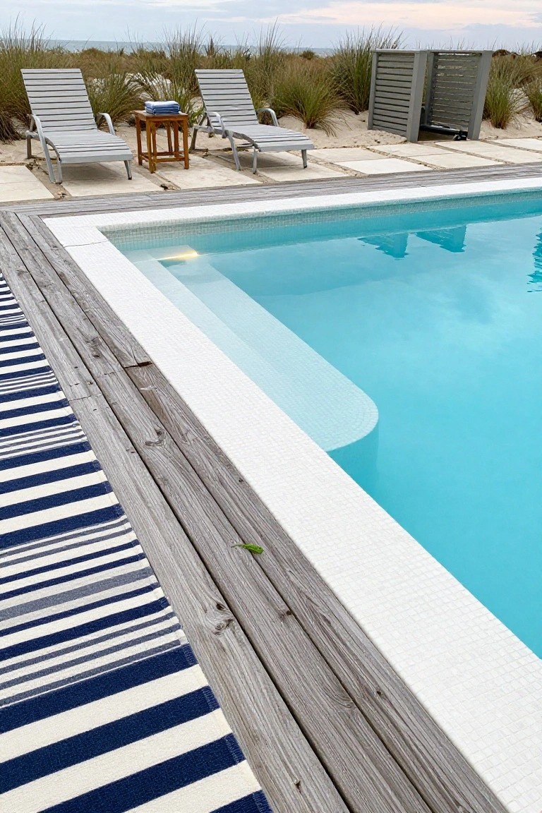 19 Relaxing Pool Deck With Hot Tub Ideas for the Ultimate Spa Vibe Wooden deck with wide gray planks bordering a turquoise pool with white tile edges, gray loungers with towels on a side table, striped outdoor rug, sea grass plantings, and sand nearby.