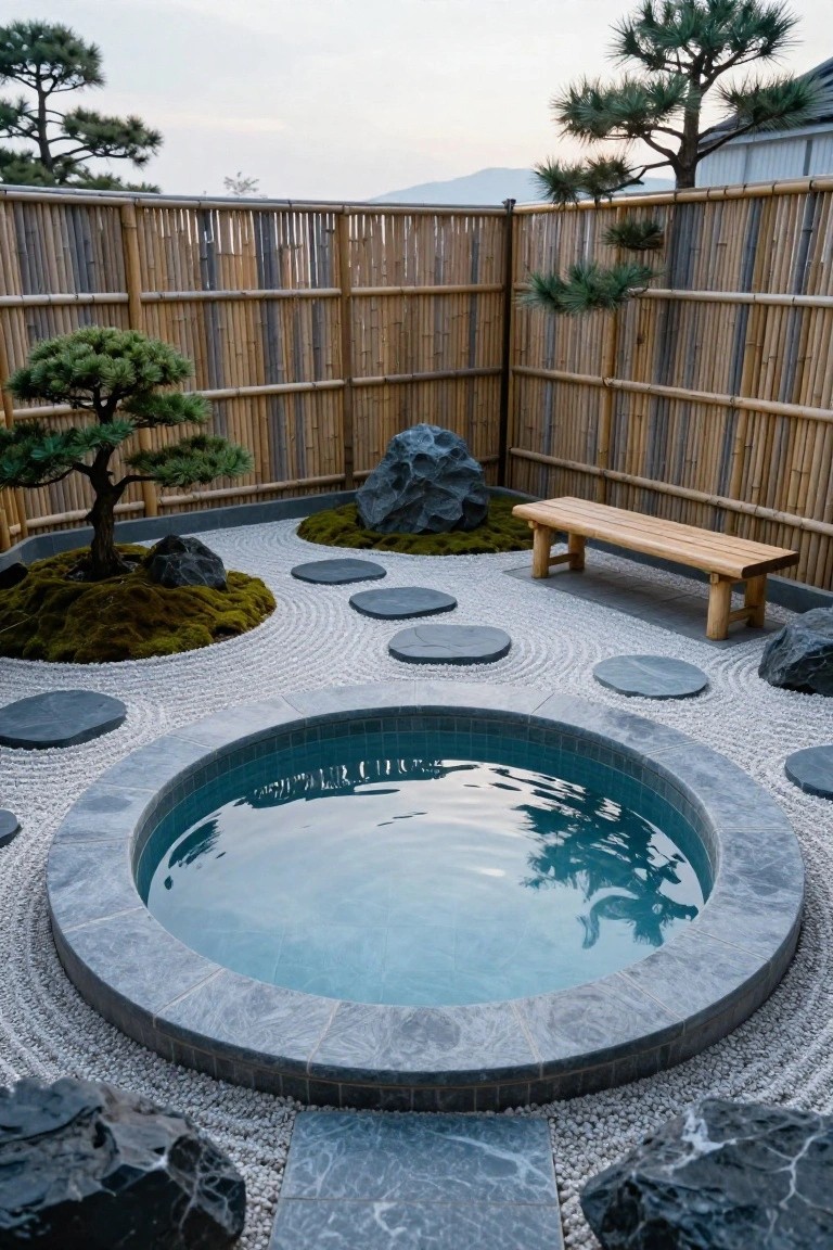 19 Relaxing Pool Deck With Hot Tub Ideas for the Ultimate Spa Vibe Circular blue-tiled hot tub embedded in white raked gravel zen garden with stepping stones, moss-covered rocks, bonsai trees, wooden bench, and bamboo fence enclosure.