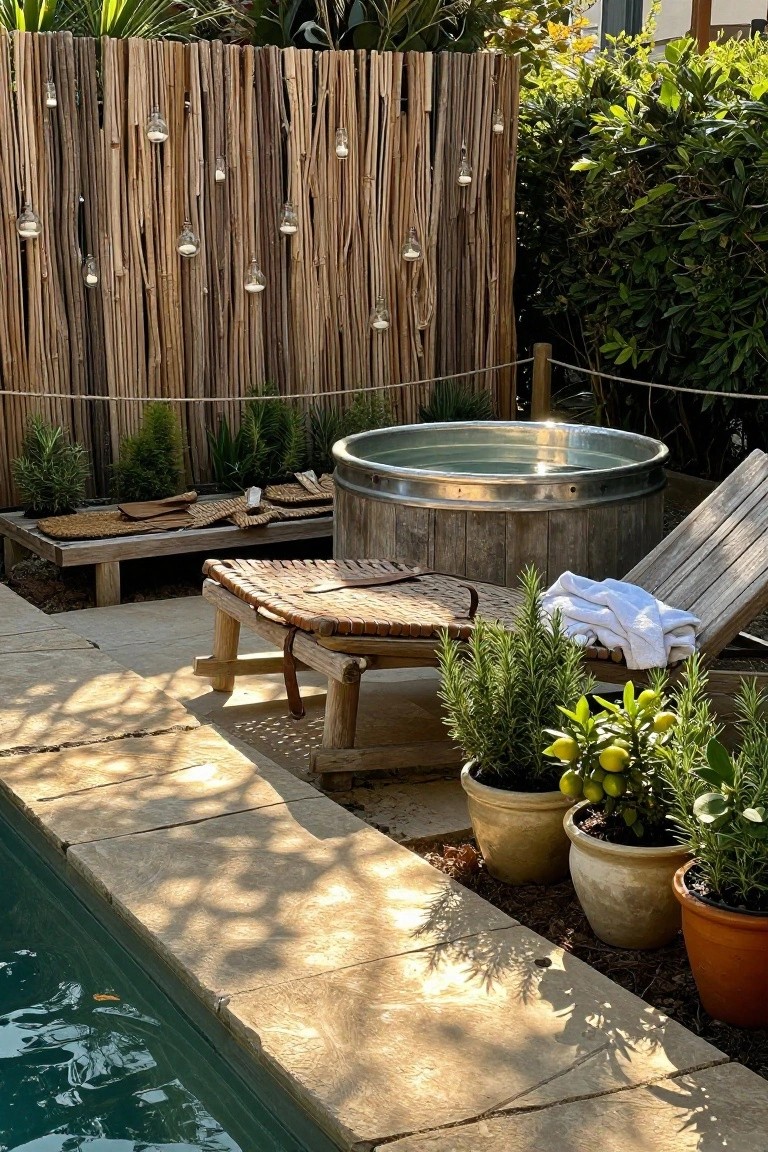 19 Relaxing Stock Tank Pool Ideas For Calm Summer Afternoons Galvanized metal stock tank filled with water as a hot tub, surrounded by tall vertical bamboo fencing with hanging glass lanterns, wooden chaise lounge with white towels nearby, potted rosemary and lemon trees on stone pavers next to an in-ground swimming pool.