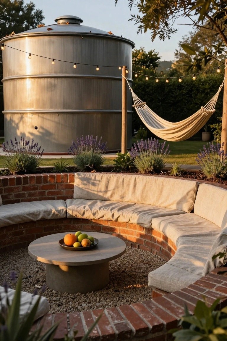 19 Relaxing Stock Tank Pool Ideas For Calm Summer Afternoons Curved brick bench with beige cushions surrounding a round concrete pedestal table topped with a bowl of oranges and limes on gravel ground, flanked by lavender plants, near a hammock with string lights and large metal stock tank in background.