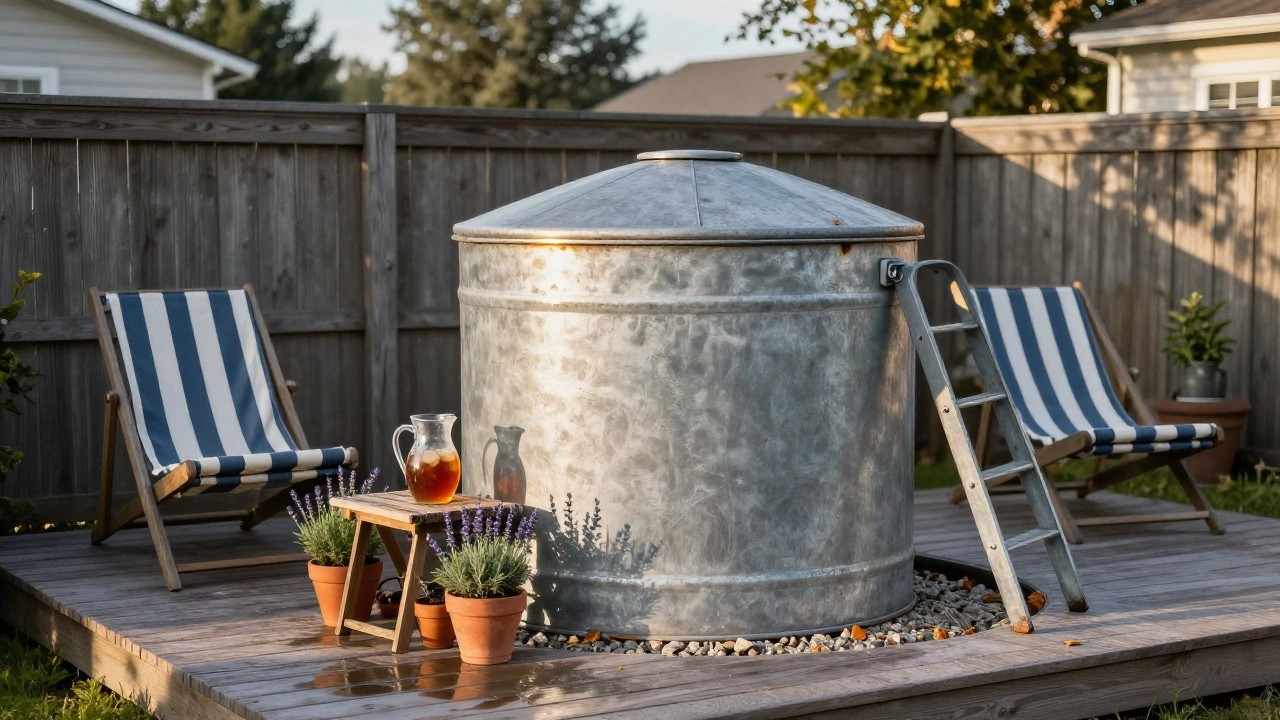 Galvanized stock tank pool filled with water on a wooden deck with a metal ladder, surrounded by potted plants, a lounge chair, small table, and pitcher of iced tea.
