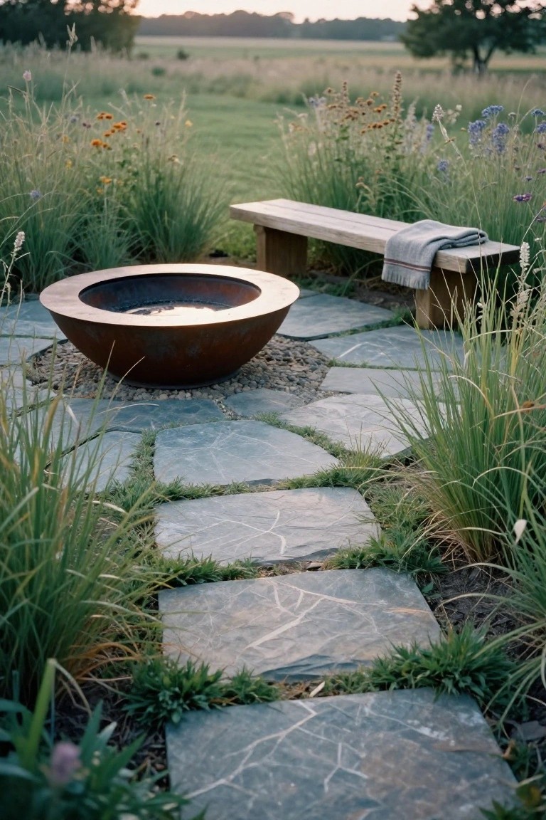 19 Relaxing Stock Tank Pool Ideas For Calm Summer Afternoons Large rusted metal fire bowl on gravel surrounded by irregular slate stepping stones and tall ornamental grasses in a garden path, with a wooden bench draped in a gray blanket nearby and wildflowers in the background.