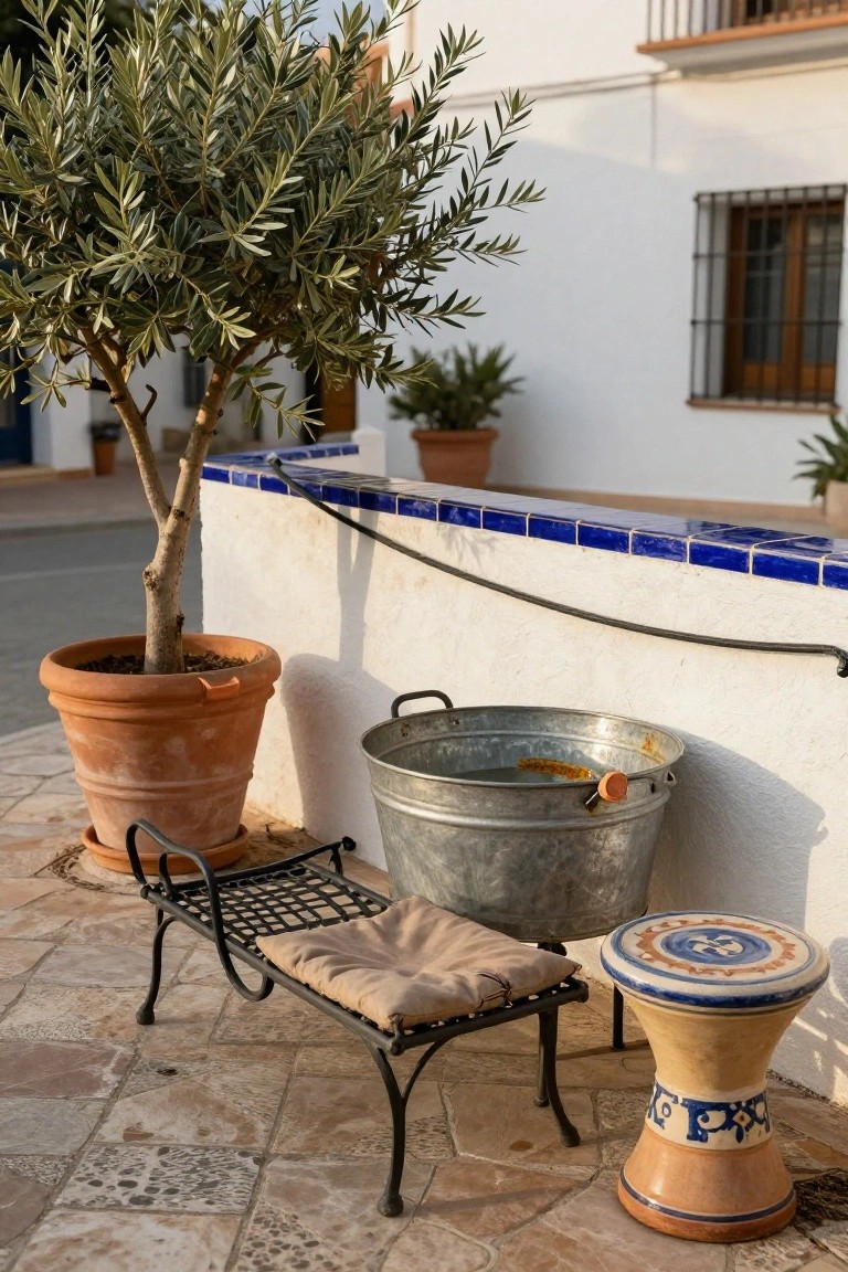 19 Relaxing Stock Tank Pool Ideas For Calm Summer Afternoons Galvanized metal tub on a terracotta-tiled outdoor patio next to a potted olive tree, metal daybed, and ceramic stool against a white wall with blue tile trim.
