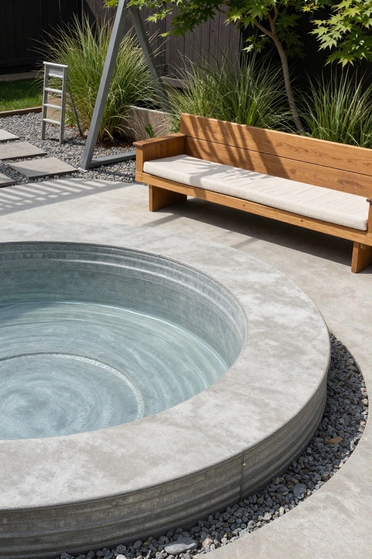 19 Relaxing Stock Tank Pool Ideas For Calm Summer Afternoons Round galvanized metal stock tank pool embedded in gray concrete with curved rim, wooden bench with white cushions nearby, ornamental grasses, pebbles, and black fence in backyard setting.